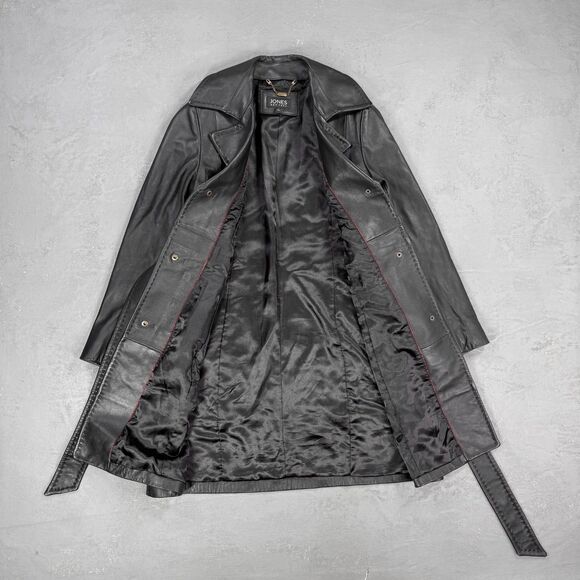 Vintage Jones New York Black Leather Snap Front Belted Long Coat Women's Small - Picture 3 of 4